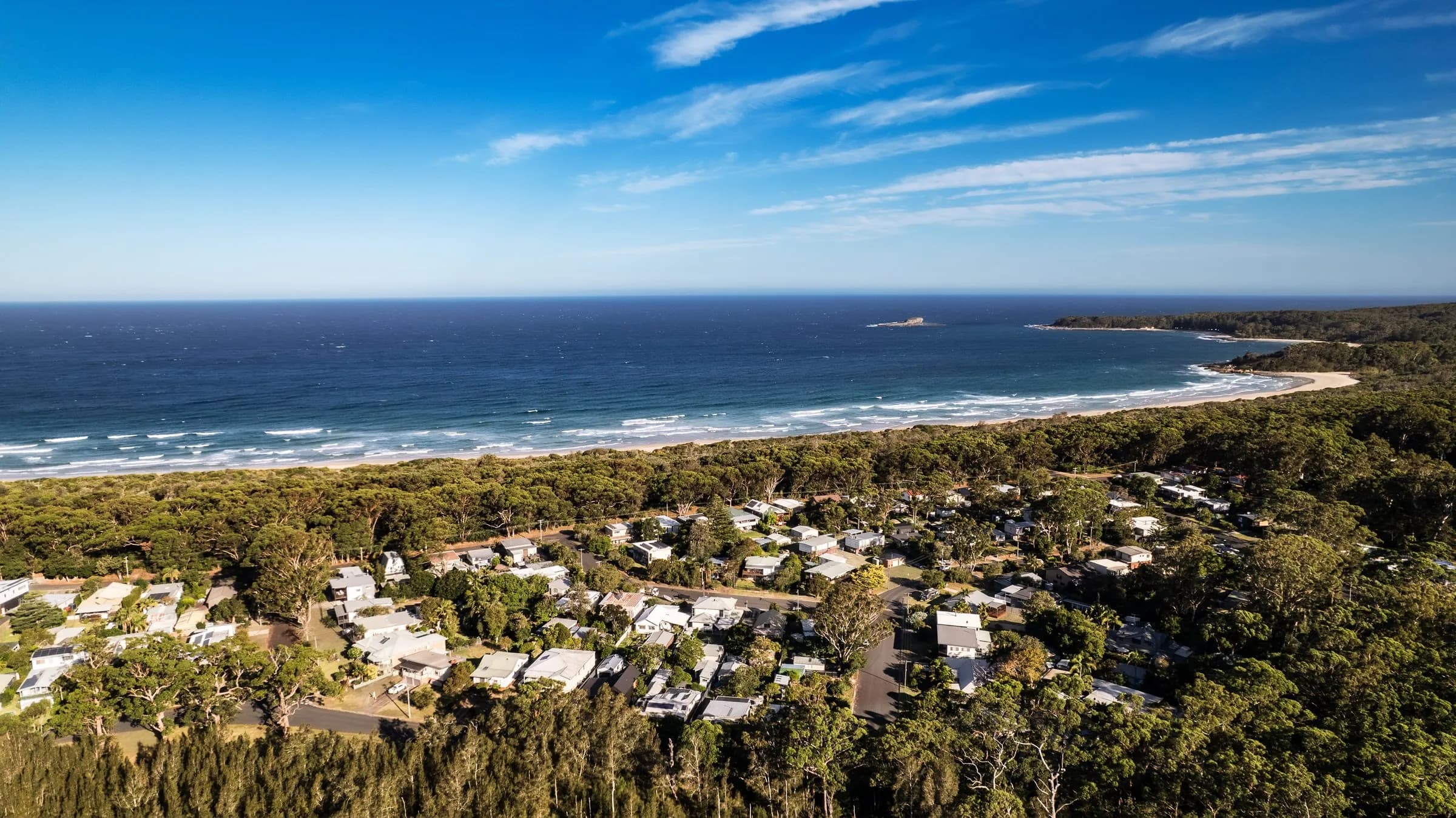 Lakeside property in South Durras, aerial hero frame